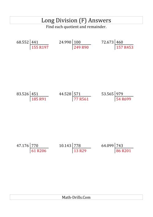 The European Long Division with a 3-Digit Divisor and a 5-Digit Dividend with Remainders (F) Math Worksheet Page 2