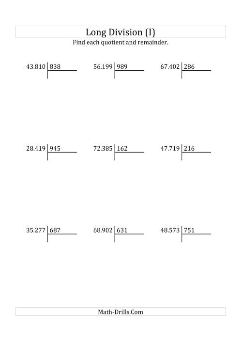 The European Long Division with a 3-Digit Divisor and a 5-Digit Dividend with Remainders (I) Math Worksheet