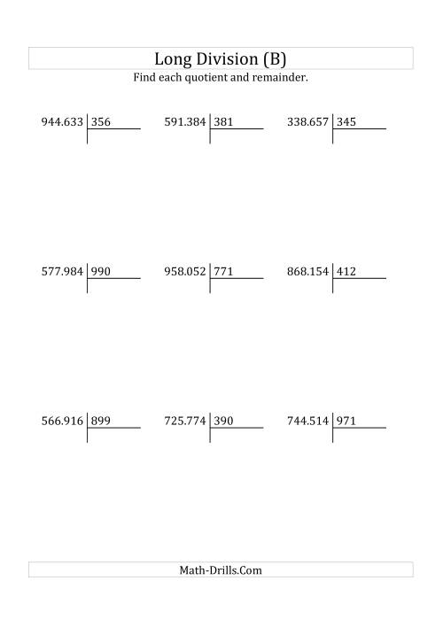 The European Long Division with a 3-Digit Divisor and a 6-Digit Dividend with Remainders (B) Math Worksheet