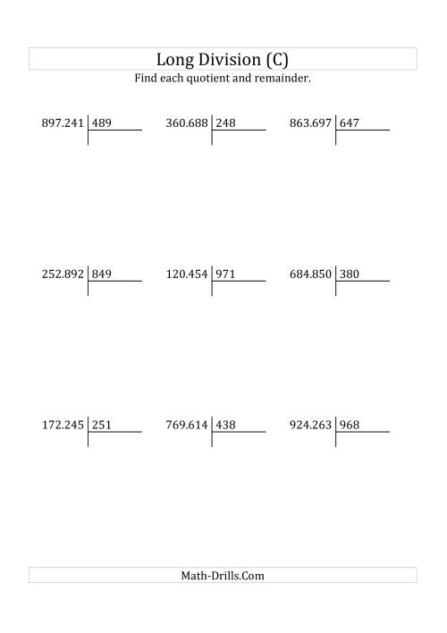 The European Long Division with a 3-Digit Divisor and a 6-Digit Dividend with Remainders (C) Math Worksheet