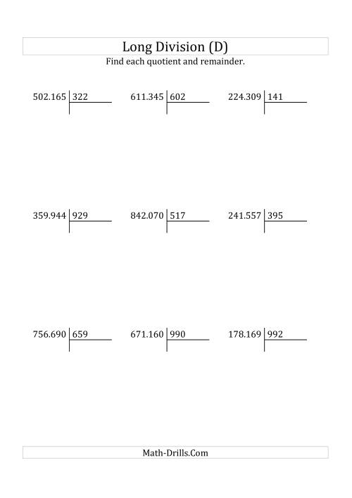 The European Long Division with a 3-Digit Divisor and a 6-Digit Dividend with Remainders (D) Math Worksheet