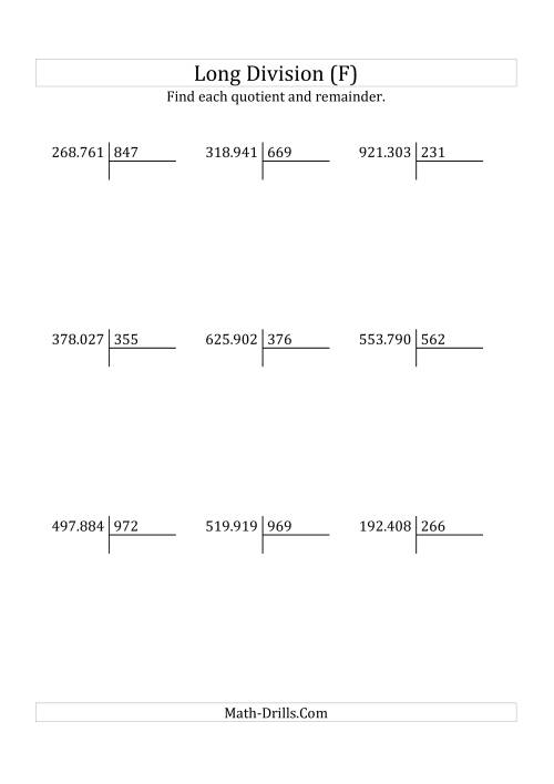 The European Long Division with a 3-Digit Divisor and a 6-Digit Dividend with Remainders (F) Math Worksheet