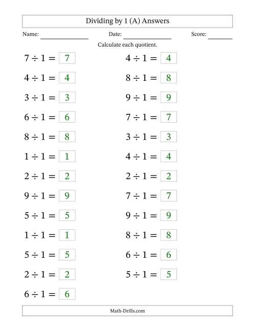 The Horizontally Arranged Dividing by 1 with Quotients 1 to 9 (25 Questions; Large Print) (A) Math Worksheet Page 2