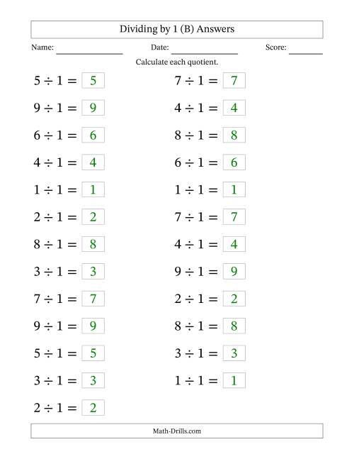 The Horizontally Arranged Dividing by 1 with Quotients 1 to 9 (25 Questions; Large Print) (B) Math Worksheet Page 2