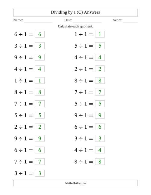 The Horizontally Arranged Dividing by 1 with Quotients 1 to 9 (25 Questions; Large Print) (C) Math Worksheet Page 2