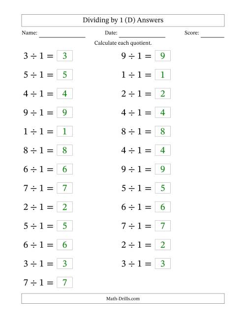 The Horizontally Arranged Dividing by 1 with Quotients 1 to 9 (25 Questions; Large Print) (D) Math Worksheet Page 2