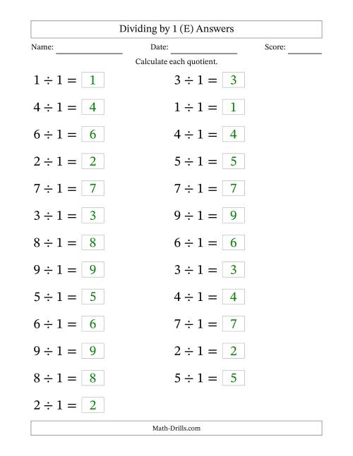 The Horizontally Arranged Dividing by 1 with Quotients 1 to 9 (25 Questions; Large Print) (E) Math Worksheet Page 2
