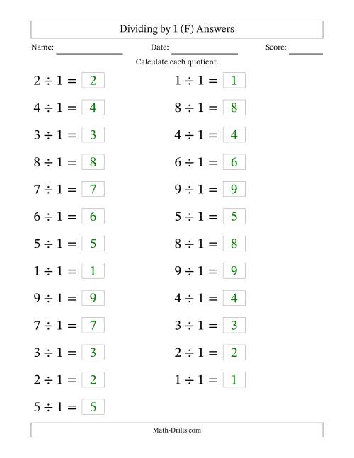 The Horizontally Arranged Dividing by 1 with Quotients 1 to 9 (25 Questions; Large Print) (F) Math Worksheet Page 2