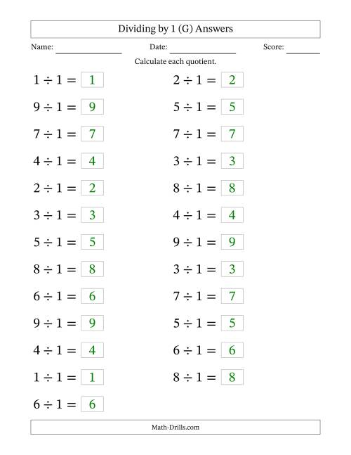 The Horizontally Arranged Dividing by 1 with Quotients 1 to 9 (25 Questions; Large Print) (G) Math Worksheet Page 2