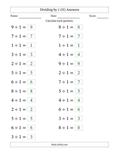 The Horizontally Arranged Dividing by 1 with Quotients 1 to 9 (25 Questions; Large Print) (H) Math Worksheet Page 2