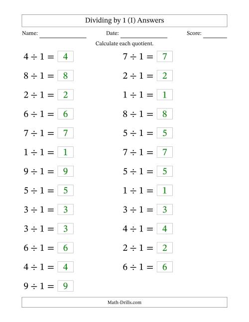 The Horizontally Arranged Dividing by 1 with Quotients 1 to 9 (25 Questions; Large Print) (I) Math Worksheet Page 2