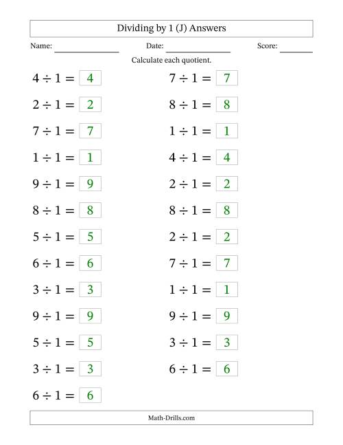 The Horizontally Arranged Dividing by 1 with Quotients 1 to 9 (25 Questions; Large Print) (J) Math Worksheet Page 2
