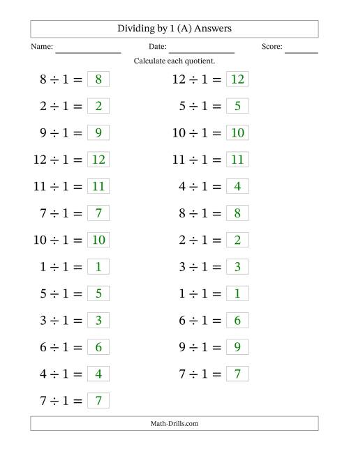 The Horizontally Arranged Dividing by 1 with Quotients 1 to 12 (25 Questions; Large Print) (A) Math Worksheet Page 2