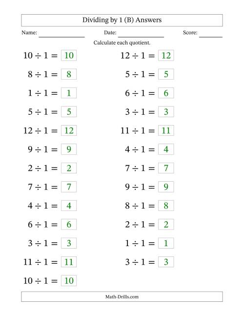 The Horizontally Arranged Dividing by 1 with Quotients 1 to 12 (25 Questions; Large Print) (B) Math Worksheet Page 2