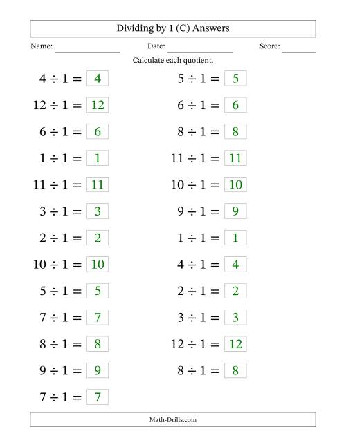 The Horizontally Arranged Dividing by 1 with Quotients 1 to 12 (25 Questions; Large Print) (C) Math Worksheet Page 2