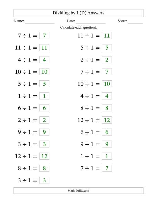The Horizontally Arranged Dividing by 1 with Quotients 1 to 12 (25 Questions; Large Print) (D) Math Worksheet Page 2