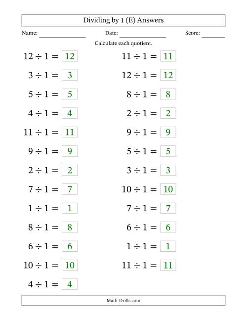 The Horizontally Arranged Dividing by 1 with Quotients 1 to 12 (25 Questions; Large Print) (E) Math Worksheet Page 2