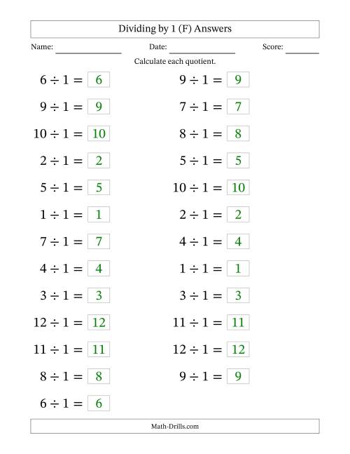 The Horizontally Arranged Dividing by 1 with Quotients 1 to 12 (25 Questions; Large Print) (F) Math Worksheet Page 2