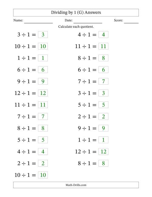 The Horizontally Arranged Dividing by 1 with Quotients 1 to 12 (25 Questions; Large Print) (G) Math Worksheet Page 2