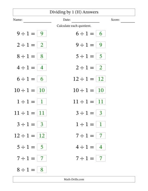 The Horizontally Arranged Dividing by 1 with Quotients 1 to 12 (25 Questions; Large Print) (H) Math Worksheet Page 2