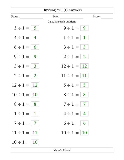The Horizontally Arranged Dividing by 1 with Quotients 1 to 12 (25 Questions; Large Print) (I) Math Worksheet Page 2
