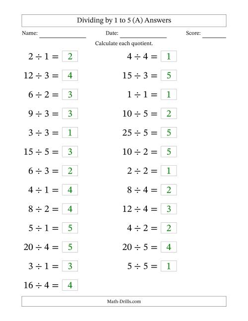 The Horizontally Arranged Division Facts with Divisors 1 to 5 and Dividends to 25 (25 Questions; Large Print) (A) Math Worksheet Page 2