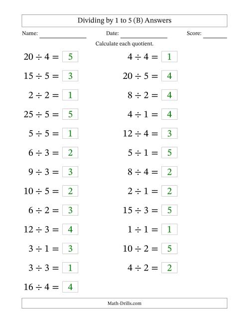 The Horizontally Arranged Division Facts with Divisors 1 to 5 and Dividends to 25 (25 Questions; Large Print) (B) Math Worksheet Page 2