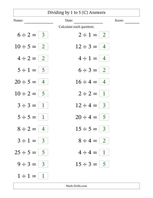 The Horizontally Arranged Division Facts with Divisors 1 to 5 and Dividends to 25 (25 Questions; Large Print) (C) Math Worksheet Page 2