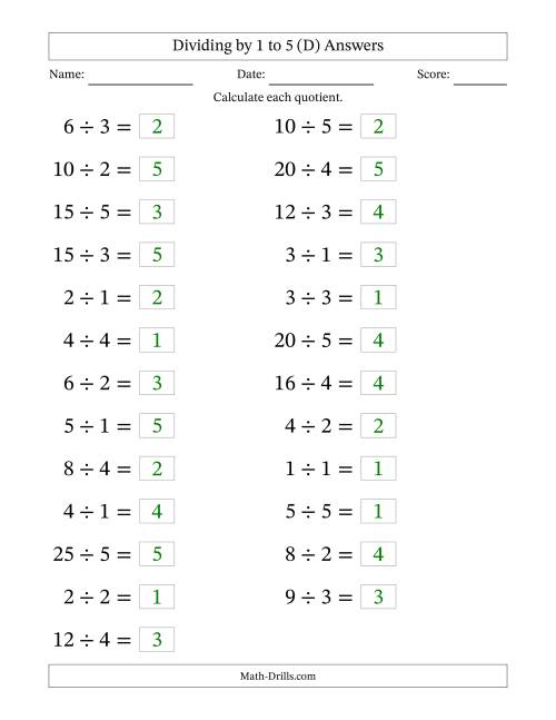 The Horizontally Arranged Division Facts with Divisors 1 to 5 and Dividends to 25 (25 Questions; Large Print) (D) Math Worksheet Page 2