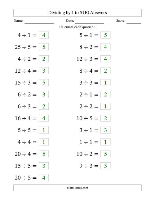 The Horizontally Arranged Division Facts with Divisors 1 to 5 and Dividends to 25 (25 Questions; Large Print) (E) Math Worksheet Page 2