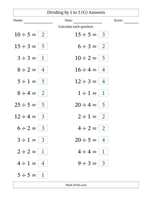 The Horizontally Arranged Division Facts with Divisors 1 to 5 and Dividends to 25 (25 Questions; Large Print) (G) Math Worksheet Page 2