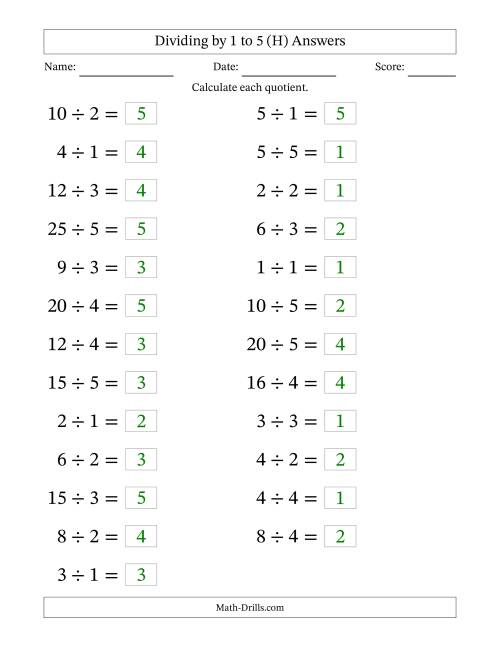 The Horizontally Arranged Division Facts with Divisors 1 to 5 and Dividends to 25 (25 Questions; Large Print) (H) Math Worksheet Page 2