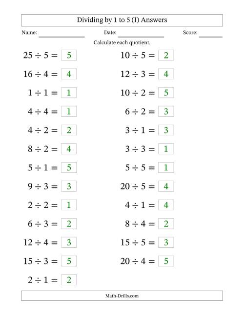 The Horizontally Arranged Division Facts with Divisors 1 to 5 and Dividends to 25 (25 Questions; Large Print) (I) Math Worksheet Page 2