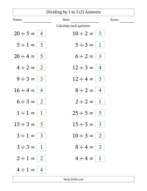 The Horizontally Arranged Division Facts with Divisors 1 to 5 and Dividends to 25 (25 Questions; Large Print) (J) Math Worksheet Page 2