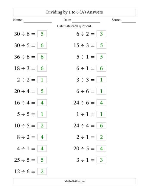 The Horizontally Arranged Division Facts with Divisors 1 to 6 and Dividends to 36 (25 Questions; Large Print) (A) Math Worksheet Page 2