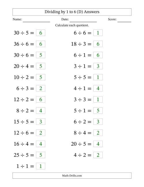 The Horizontally Arranged Division Facts with Divisors 1 to 6 and Dividends to 36 (25 Questions; Large Print) (D) Math Worksheet Page 2