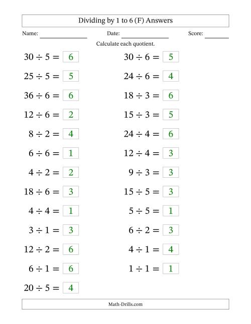 The Horizontally Arranged Division Facts with Divisors 1 to 6 and Dividends to 36 (25 Questions; Large Print) (F) Math Worksheet Page 2