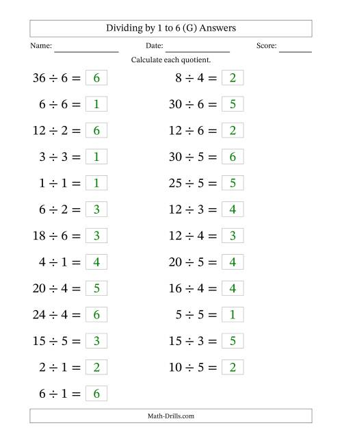 The Horizontally Arranged Division Facts with Divisors 1 to 6 and Dividends to 36 (25 Questions; Large Print) (G) Math Worksheet Page 2
