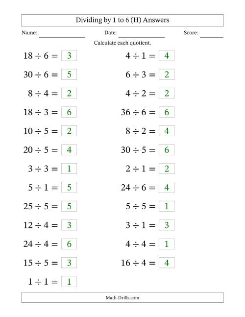 The Horizontally Arranged Division Facts with Divisors 1 to 6 and Dividends to 36 (25 Questions; Large Print) (H) Math Worksheet Page 2