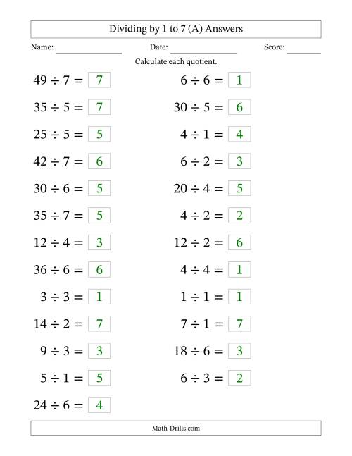 The Horizontally Arranged Division Facts with Divisors 1 to 7 and Dividends to 49 (25 Questions; Large Print) (A) Math Worksheet Page 2