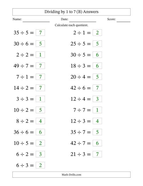 The Horizontally Arranged Division Facts with Divisors 1 to 7 and Dividends to 49 (25 Questions; Large Print) (B) Math Worksheet Page 2