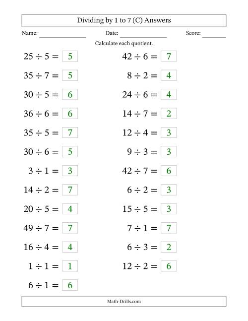 The Horizontally Arranged Division Facts with Divisors 1 to 7 and Dividends to 49 (25 Questions; Large Print) (C) Math Worksheet Page 2