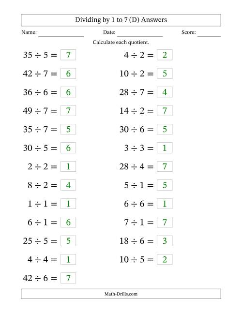 The Horizontally Arranged Division Facts with Divisors 1 to 7 and Dividends to 49 (25 Questions; Large Print) (D) Math Worksheet Page 2