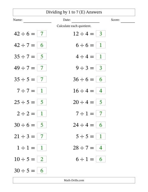 The Horizontally Arranged Division Facts with Divisors 1 to 7 and Dividends to 49 (25 Questions; Large Print) (E) Math Worksheet Page 2