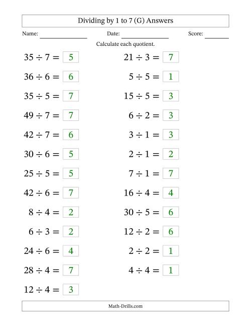 The Horizontally Arranged Division Facts with Divisors 1 to 7 and Dividends to 49 (25 Questions; Large Print) (G) Math Worksheet Page 2