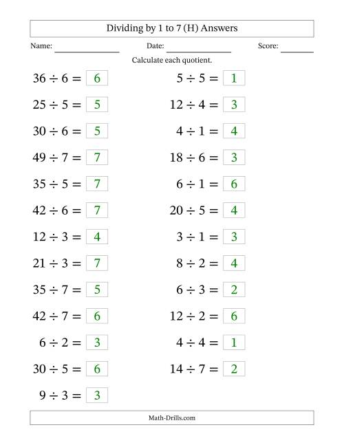 The Horizontally Arranged Division Facts with Divisors 1 to 7 and Dividends to 49 (25 Questions; Large Print) (H) Math Worksheet Page 2