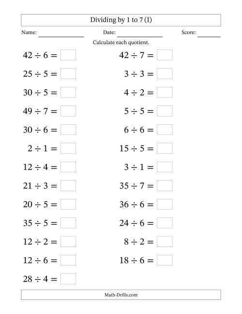 The Horizontally Arranged Division Facts with Divisors 1 to 7 and Dividends to 49 (25 Questions; Large Print) (I) Math Worksheet