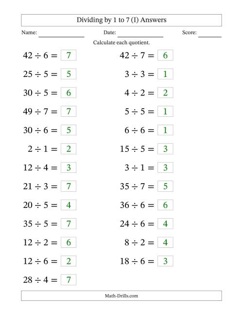 The Horizontally Arranged Division Facts with Divisors 1 to 7 and Dividends to 49 (25 Questions; Large Print) (I) Math Worksheet Page 2