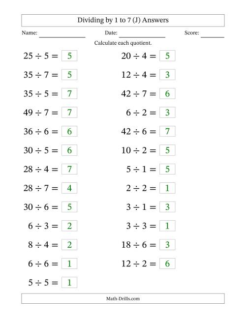 The Horizontally Arranged Division Facts with Divisors 1 to 7 and Dividends to 49 (25 Questions; Large Print) (J) Math Worksheet Page 2