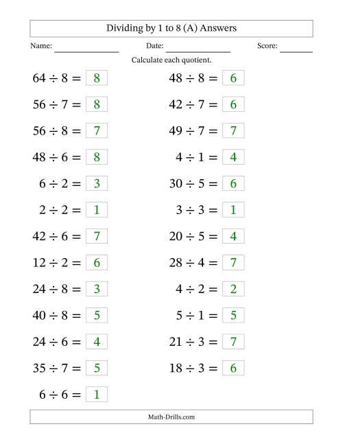 The Horizontally Arranged Division Facts with Divisors 1 to 8 and Dividends to 64 (25 Questions; Large Print) (A) Math Worksheet Page 2